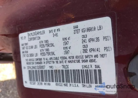 2001 Dodge Dakota Slt/Sport from USA, damaged, VIN 1B7HL2AN21S268957